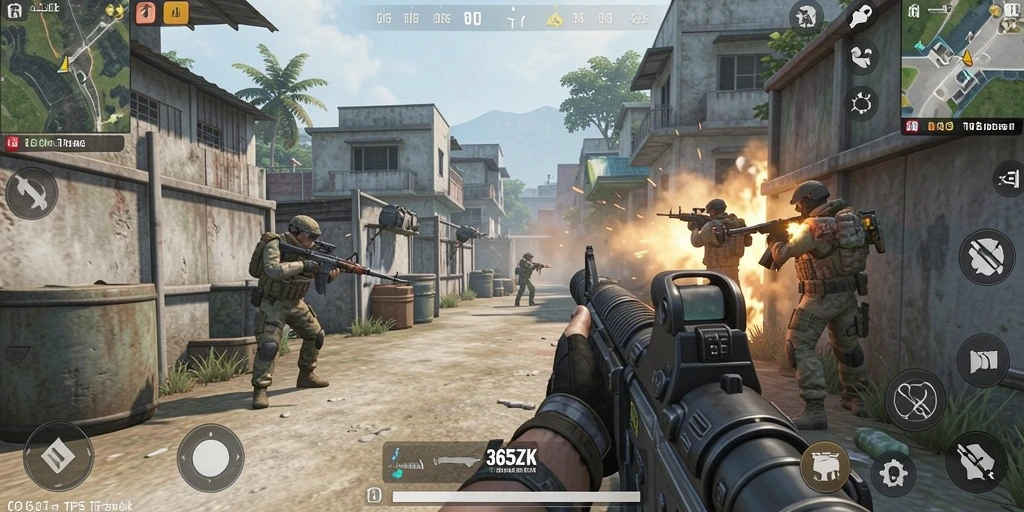 Screenshot utama 365ZK menampilkan karakter dalam aksi tembak-menembak.