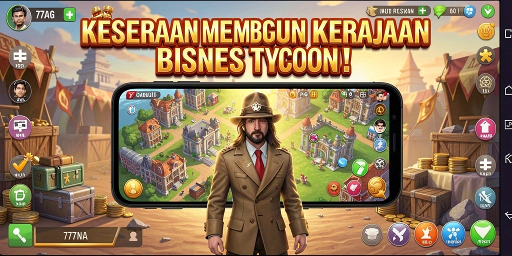 Screenshot gameplay 77AG menampilkan keseruan membangun kerajaan bisnis.