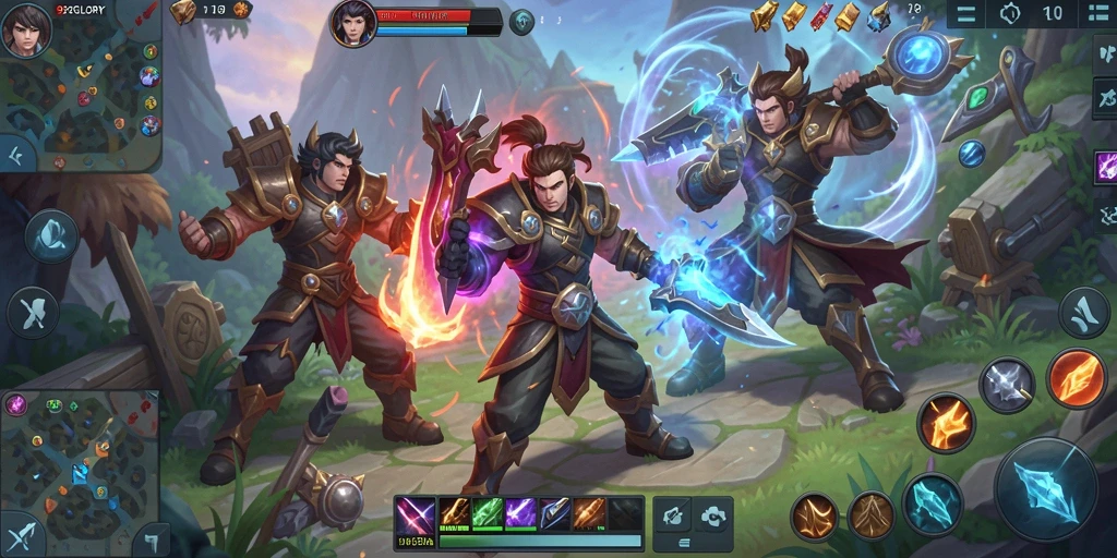 Tampilan gameplay seru dalam 92GLORY, memperlihatkan aksi hero MOBA.