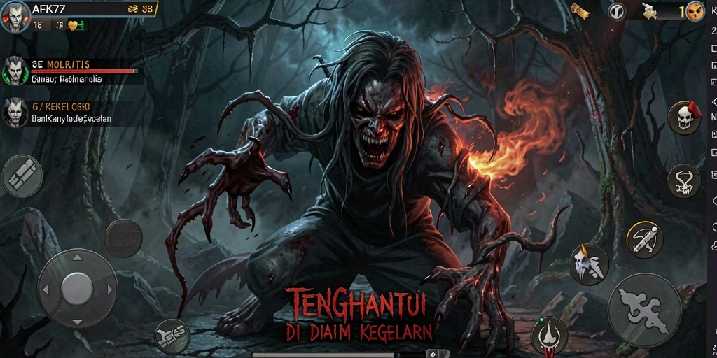 Gameplay menyeramkan AFK77 dengan suasana gelap.
