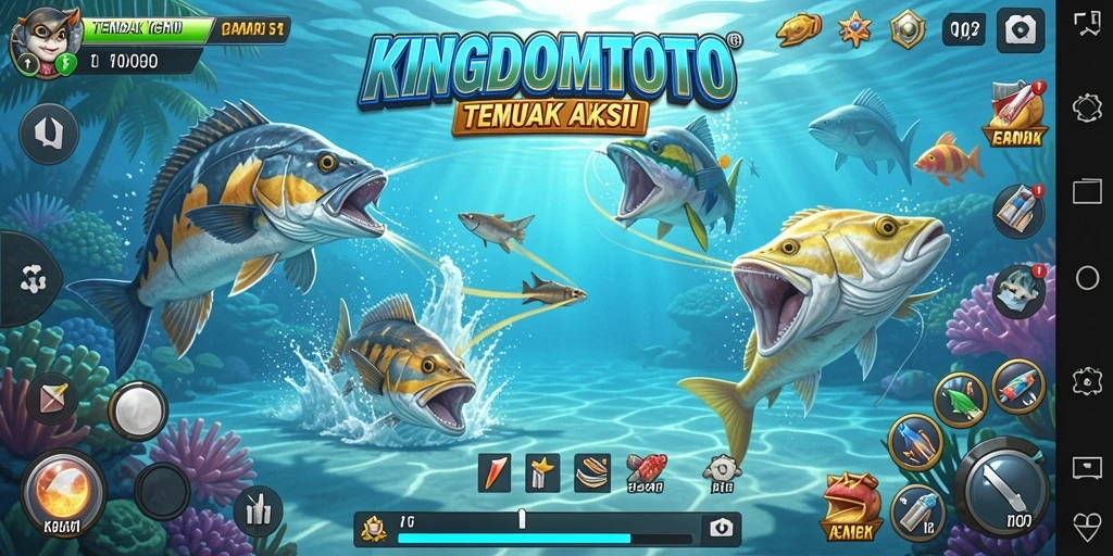 Screenshot gameplay KINGDOMTOTO menampilkan aksi menembak ikan yang seru.