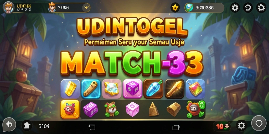 Menampilkan gameplay match-3 yang seru dan menantang di UDINTOGEL.