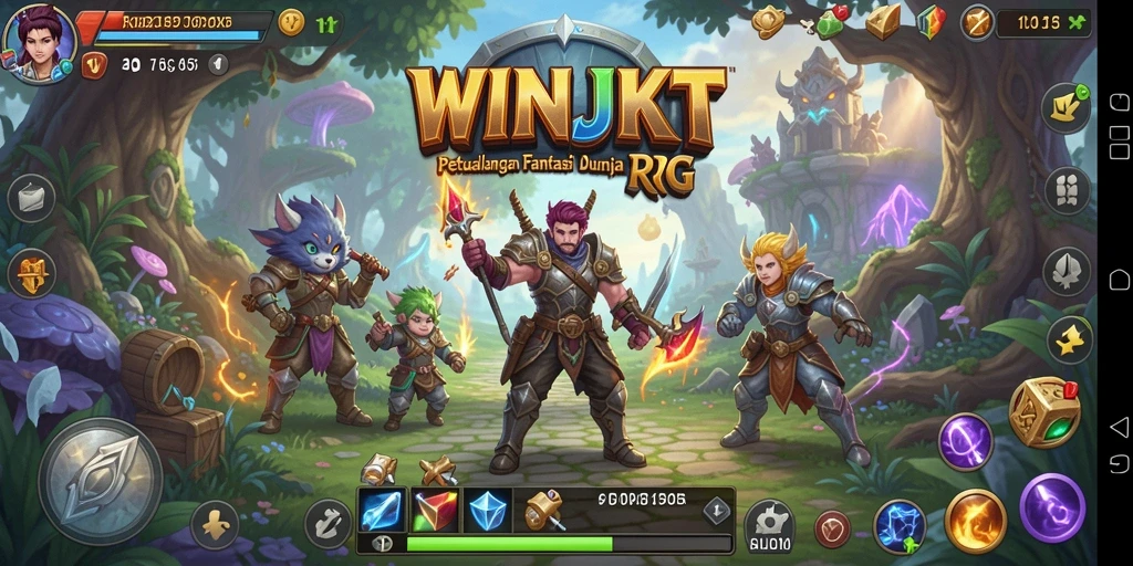 Screenshot gameplay dari WINJKT menampilkan pertarungan epik di dunia fantasi.