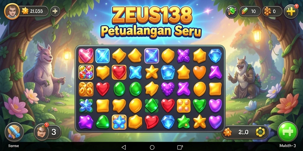 Tangkapan layar gameplay seru ZEUS138 dengan kombinasi Match-3.
